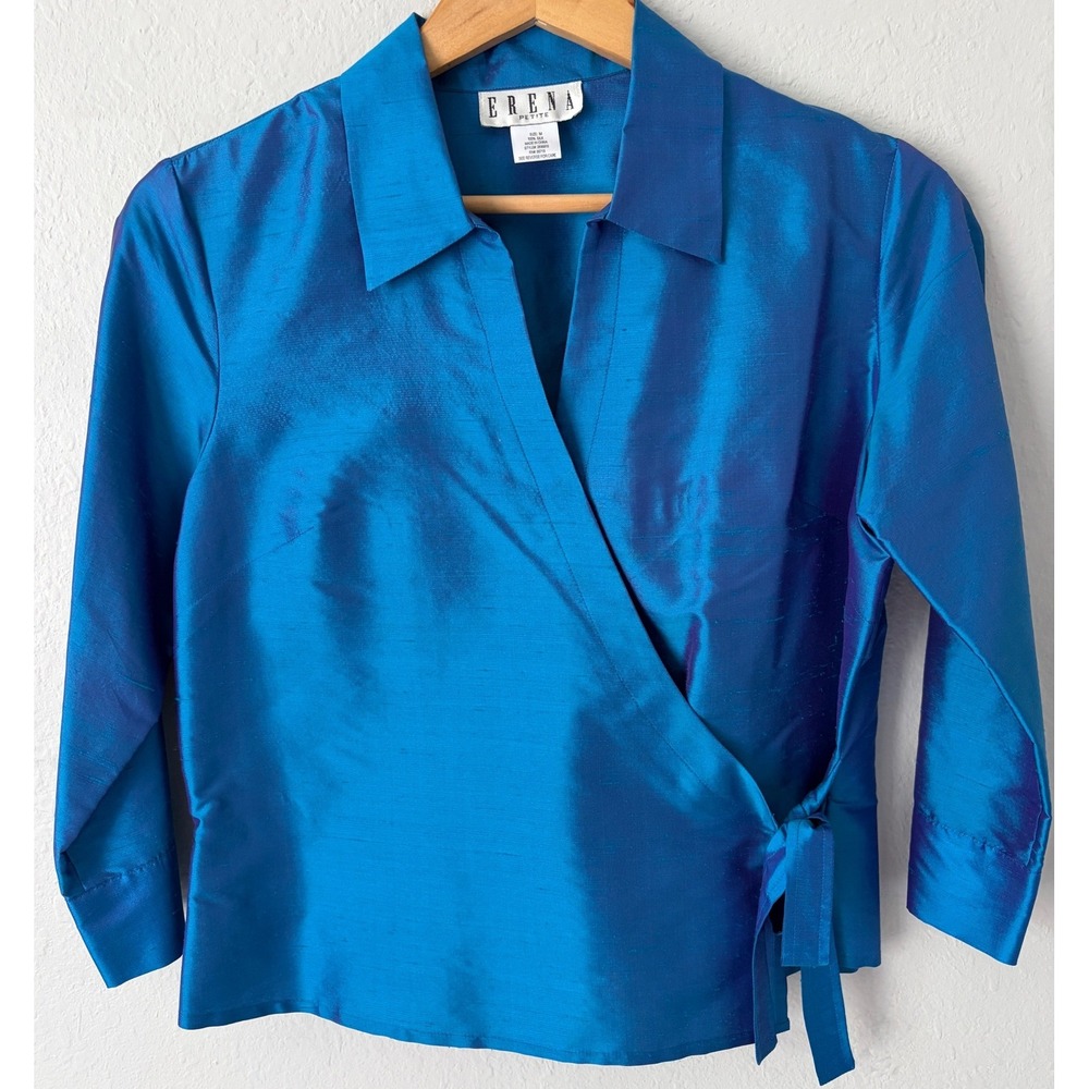 Erena Womens 100% Silk Iridescent Blue Wrap Top M Petite Shimmer Blouse Mermaid